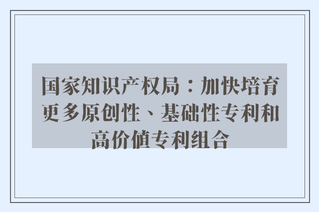 国家知识产权局：加快培育更多原创性、基础性专利和高价值专利组合