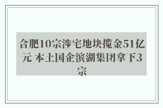 合肥10宗涉宅地块揽金51亿元 本土国企滨湖集团拿下3宗