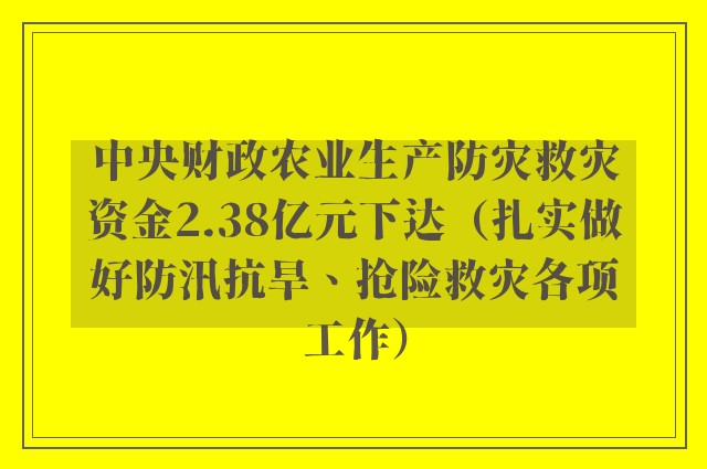 中央财政农业生产防灾救灾资金2.38亿元下达（扎实做好防汛抗旱、抢险救灾各项工作）