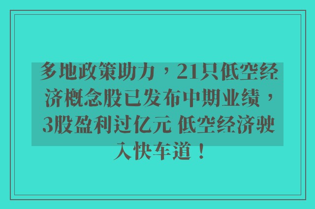 多地政策助力，21只低空经济概念股已发布中期业绩，3股盈利过亿元 低空经济驶入快车道！