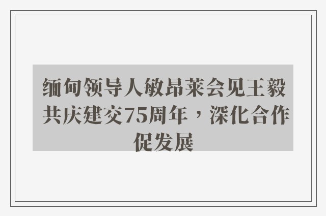 缅甸领导人敏昂莱会见王毅 共庆建交75周年，深化合作促发展