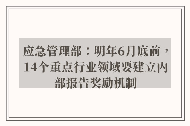 应急管理部：明年6月底前，14个重点行业领域要建立内部报告奖励机制