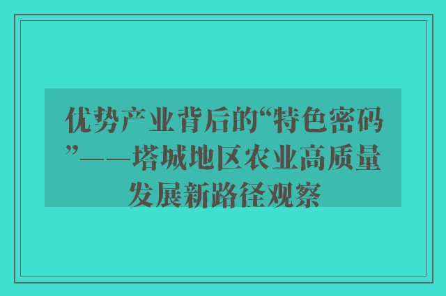 优势产业背后的“特色密码”——塔城地区农业高质量发展新路径观察